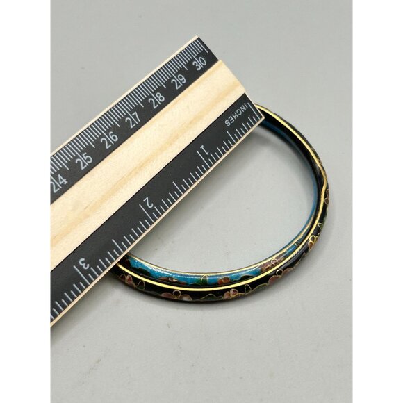 Set of 2 Cloisonne Enamel Bangles with Floral Design Black & Blue Thin Bracelets - Picture 6 of 6
